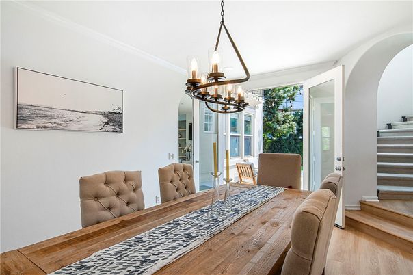 Chandelier, Dining room, Interior, Wood Texture Flooring