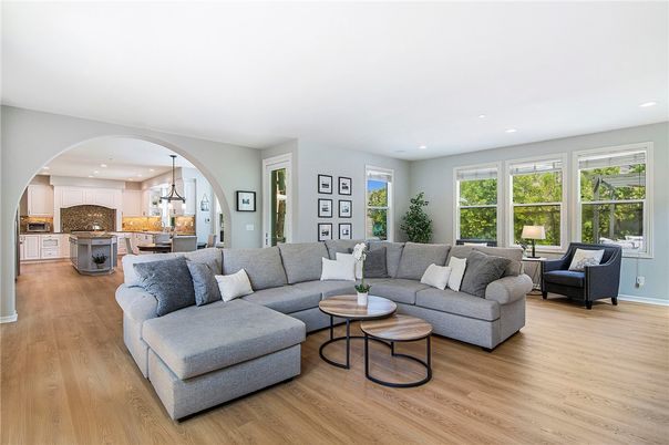 Interior, Kitchen, Living room, Pendant Lights, Recessed Lighting, Wood Texture Flooring