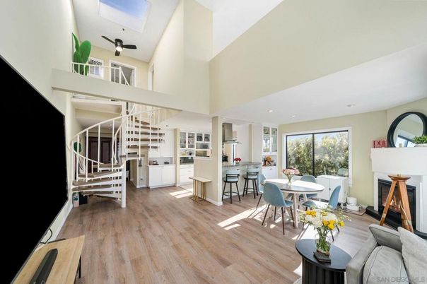 Dining room, Fireplace, Interior, Kitchen, Recessed Lighting, Wood Texture Flooring