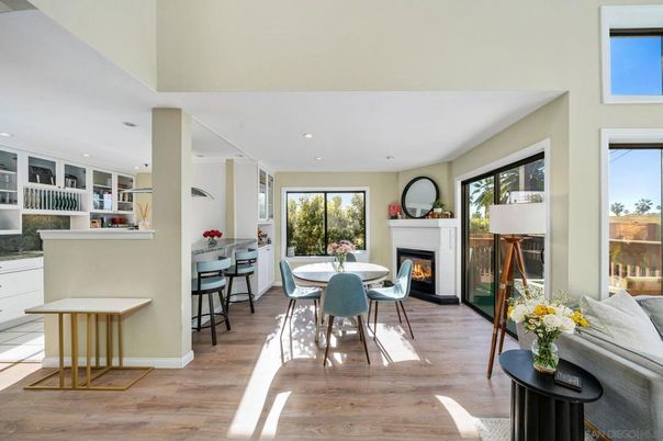 Dining room, Fireplace, Interior, Kitchen, Recessed Lighting, Wood Texture Flooring