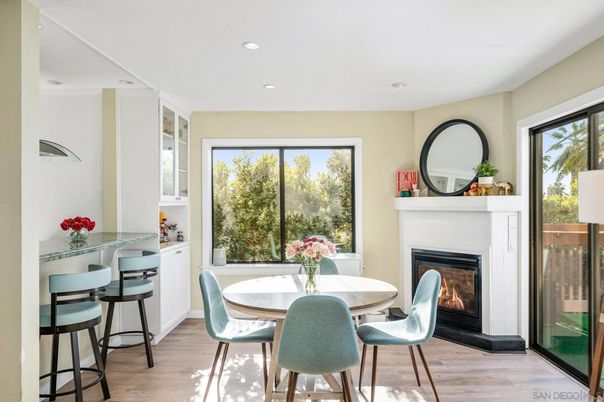 Dining room, Fireplace, Interior, Recessed Lighting, Wood Texture Flooring