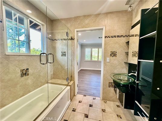 Bathroom, Glass Shower, Interior, Recessed Lighting, Wood Texture Flooring
