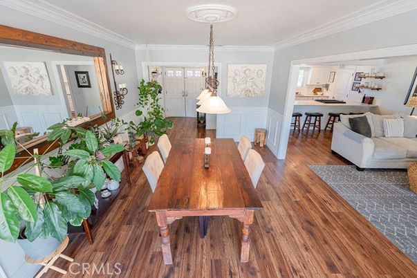 Dining room, Interior, Living room, Pendant Lights, Wood Texture Flooring
