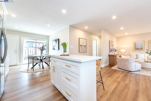 Dining room, Interior, Living room, Recessed Lighting, Wood Texture Flooring