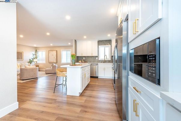 Interior, Kitchen, Living room, Recessed Lighting, Stainless Steel Appliances, Wood Texture Flooring