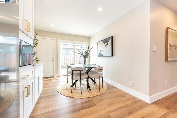 Dining room, Interior, Recessed Lighting, Wood Texture Flooring