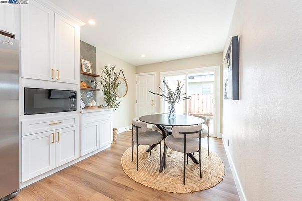 Dining room, Interior, Recessed Lighting, Wood Texture Flooring