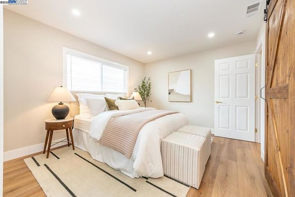 Bedroom, Interior, Recessed Lighting, Wood Texture Flooring