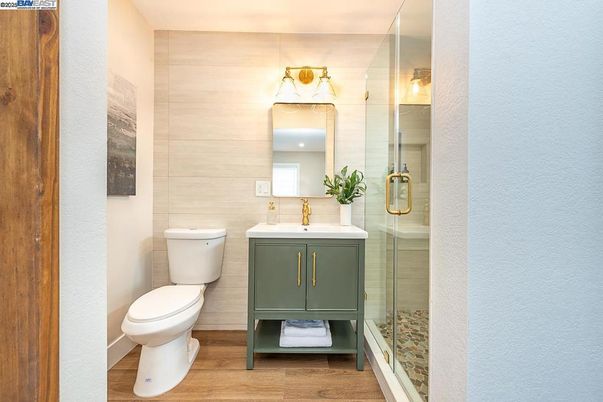 Bathroom, Glass Shower, Interior, Wood Texture Flooring