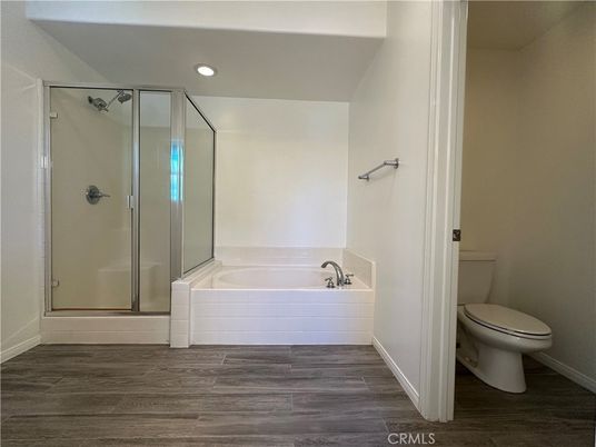 Bathroom, Glass Shower, Interior, Recessed Lighting, Wood Texture Flooring