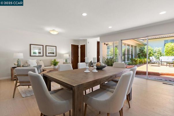 Dining room, Interior, Living room, Recessed Lighting, Wood Texture Flooring