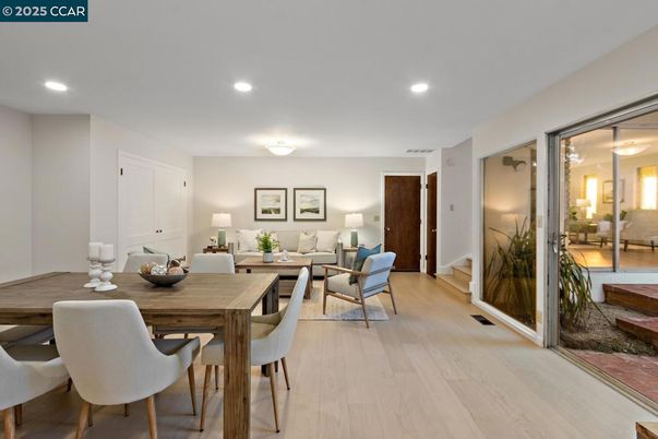 Dining room, Interior, Living room, Recessed Lighting, Wood Texture Flooring