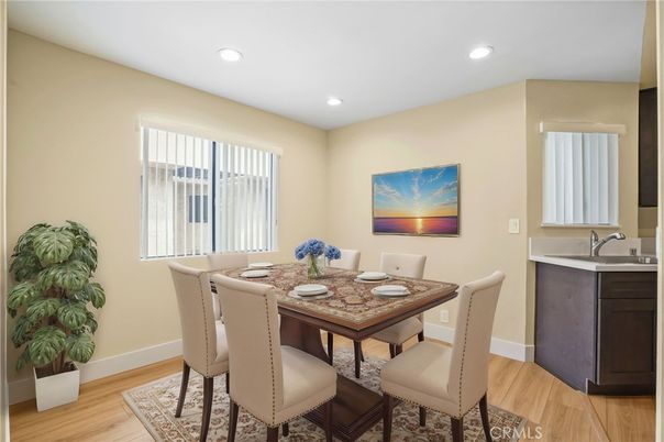 Dining room, Interior, Recessed Lighting, Wood Texture Flooring