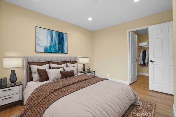 Bedroom, Interior, Recessed Lighting, Wood Texture Flooring