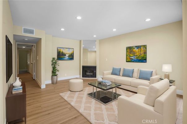 Fireplace, Interior, Living room, Recessed Lighting, Wood Texture Flooring