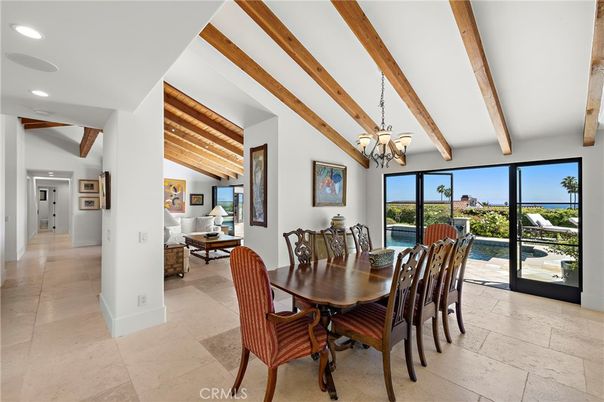 Chandelier, Dining room, Interior, Recessed Lighting, Wooden Beams
