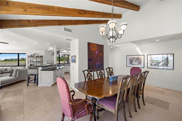 Chandelier, Dining room, Interior, Kitchen, Living room, Recessed Lighting, Water, Wooden Beams