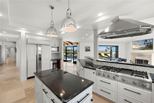 Fireplace, Interior, Kitchen, Pendant Lights, Recessed Lighting, Stainless Steel Appliances