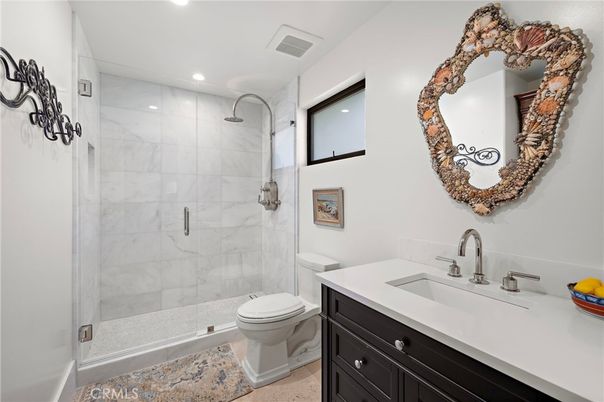Bathroom, Glass Shower, Interior, Marble Walls, Recessed Lighting