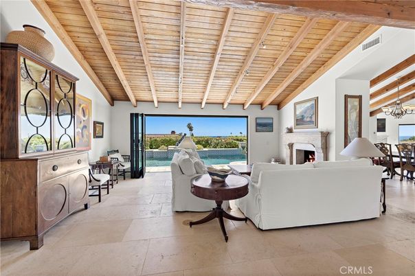Chandelier, Dining room, Fireplace, Interior, Living room, Water, Wooden Beams, Wooden Ceilings