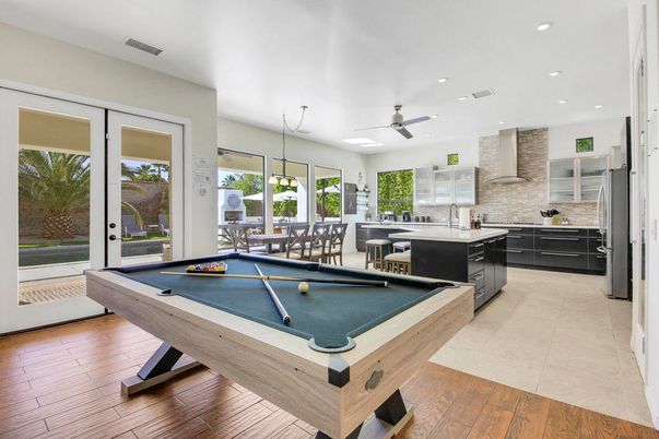 Billiard Table, Game Room, Interior, Kitchen, Recessed Lighting, Wood Texture Flooring