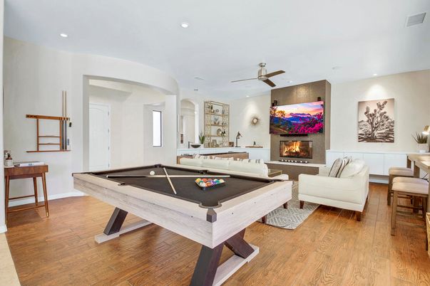 Billiard Table, Fireplace, Game Room, Interior, Living room, Recessed Lighting, Wood Texture Flooring
