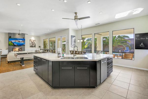 Fireplace, Interior, Kitchen, Living room, Recessed Lighting, Wood Texture Flooring