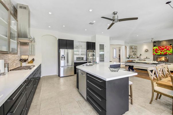 Fireplace, Interior, Kitchen, Living room, Recessed Lighting, Stainless Steel Appliances