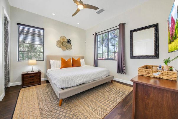 Bedroom, Interior, Recessed Lighting, Wood Texture Flooring