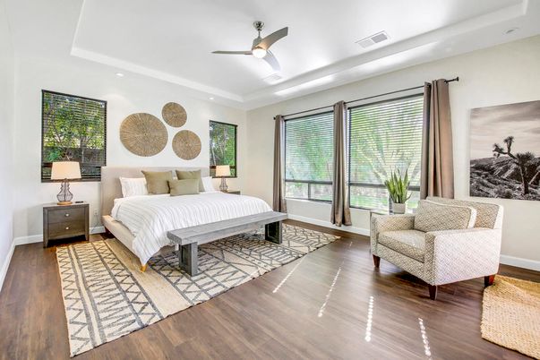 Bedroom, Interior, Recessed Lighting, Wood Texture Flooring