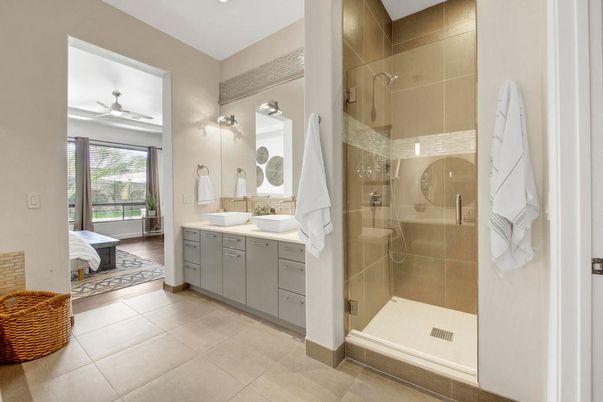 Bathroom, Dual Sink Vanities, Glass Shower, Interior, Recessed Lighting