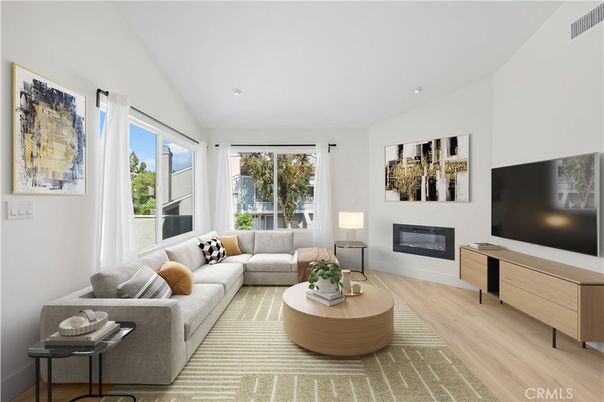 Fireplace, Interior, Living room, Recessed Lighting, Wood Texture Flooring