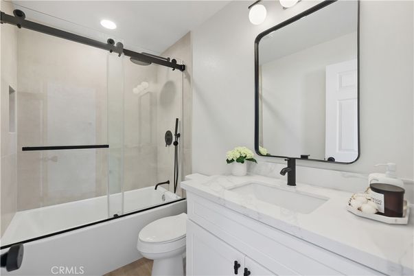 Bathroom, Glass Shower, Interior, Recessed Lighting, Wood Texture Flooring