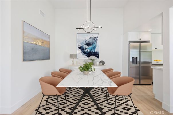 Dining room, Interior, Kitchen, Pendant Lights, Recessed Lighting, Stainless Steel Appliances, Wood Texture Flooring