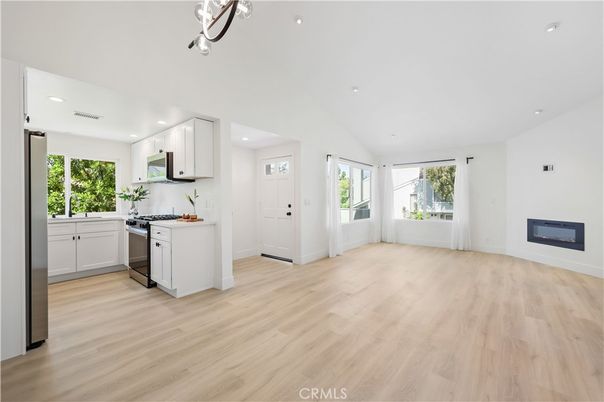Empty room, Interior, Kitchen, Recessed Lighting, Wood Texture Flooring