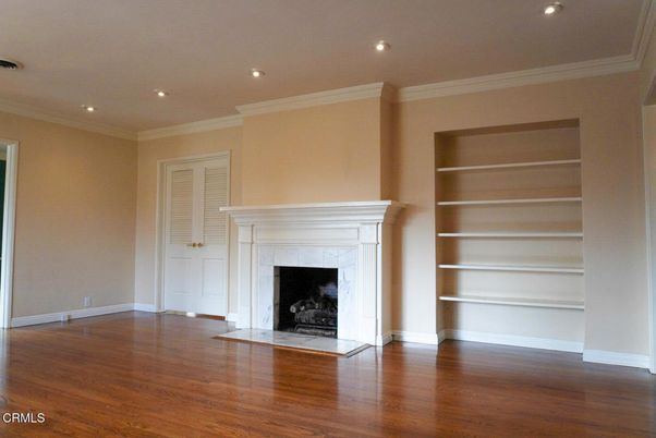 Empty room, Fireplace, Interior, Recessed Lighting, Wood Texture Flooring