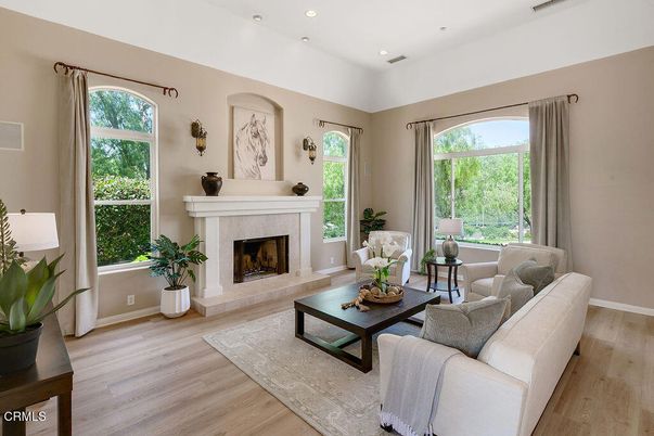 Fireplace, Interior, Living room, Recessed Lighting, Wood Texture Flooring
