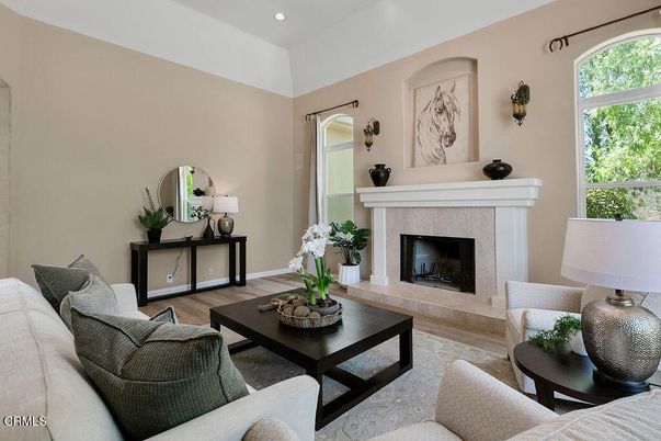 Fireplace, Interior, Living room, Recessed Lighting, Wood Texture Flooring