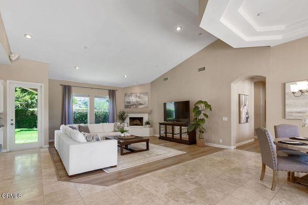 Dining room, Fireplace, Interior, Living room, Recessed Lighting