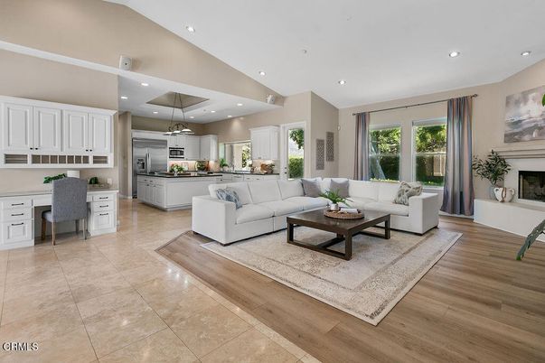Fireplace, Interior, Kitchen, Living room, Pendant Lights, Recessed Lighting, Wood Texture Flooring