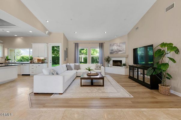 Fireplace, Interior, Kitchen, Living room, Recessed Lighting, Wood Texture Flooring