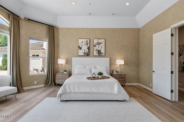 Bedroom, Interior, Recessed Lighting, Wood Texture Flooring