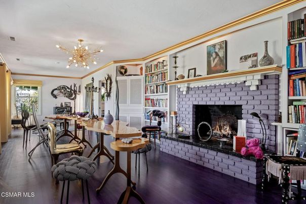 Dining room, Fireplace, Interior, Pendant Lights, Wood Texture Flooring