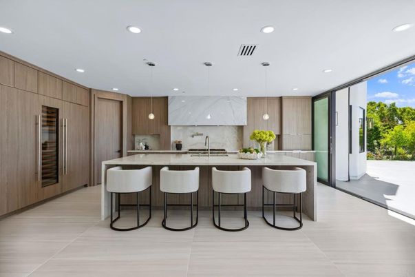 Interior, Kitchen, Marble Walls, Pendant Lights, Recessed Lighting