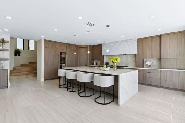 Interior, Kitchen, Marble Walls, Pendant Lights, Recessed Lighting
