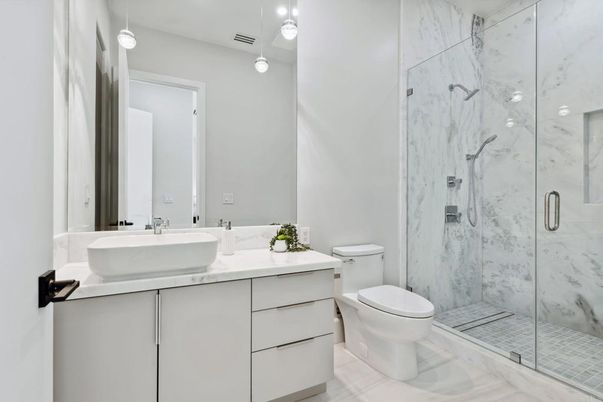 Bathroom, Glass Shower, Interior, Marble, Marble Walls, Recessed Lighting