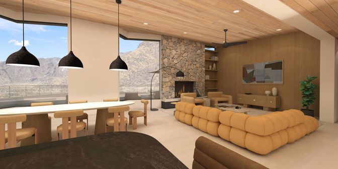 Dining room, Fireplace, Interior, Living room, Pendant Lights, Recessed Lighting, Stone Walls, Wooden Ceilings