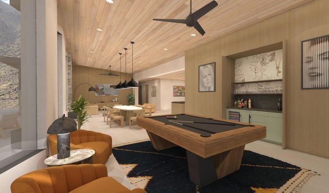 Billiard Table, Dining room, Game Room, Interior, Pendant Lights, Recessed Lighting, Wooden Ceilings