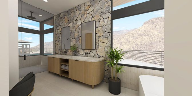 Bathroom, Free Standing Baths, Interior, Recessed Lighting, Stone Walls