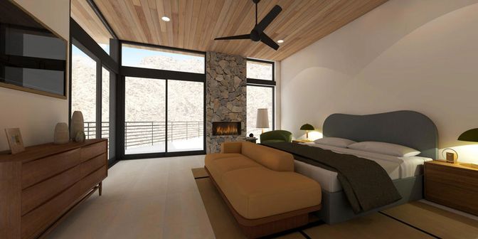 Fireplace, Interior, Living room, Recessed Lighting, Stone Walls, Wooden Ceilings